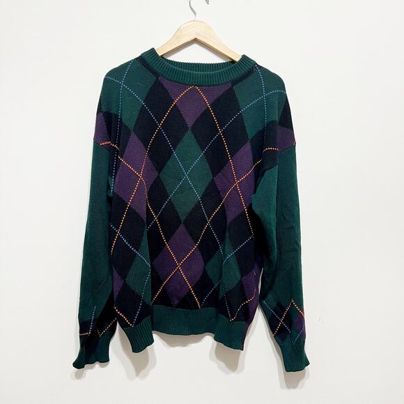 Nautica Vintage 100% cotton argyle crewneck sweater green purple Size Large - Picture 4 of 4